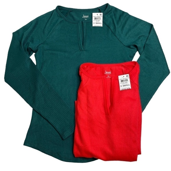 Jenni Split Neck Ribbed Pajama Top Bundle Papaya Punch Red June Bug Green XS - Picture 1 of 12